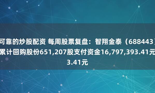 可靠的炒股配资 每周股票复盘：智翔金泰（688443）累计回购股份651,207股支付资金16,797,393.41元
